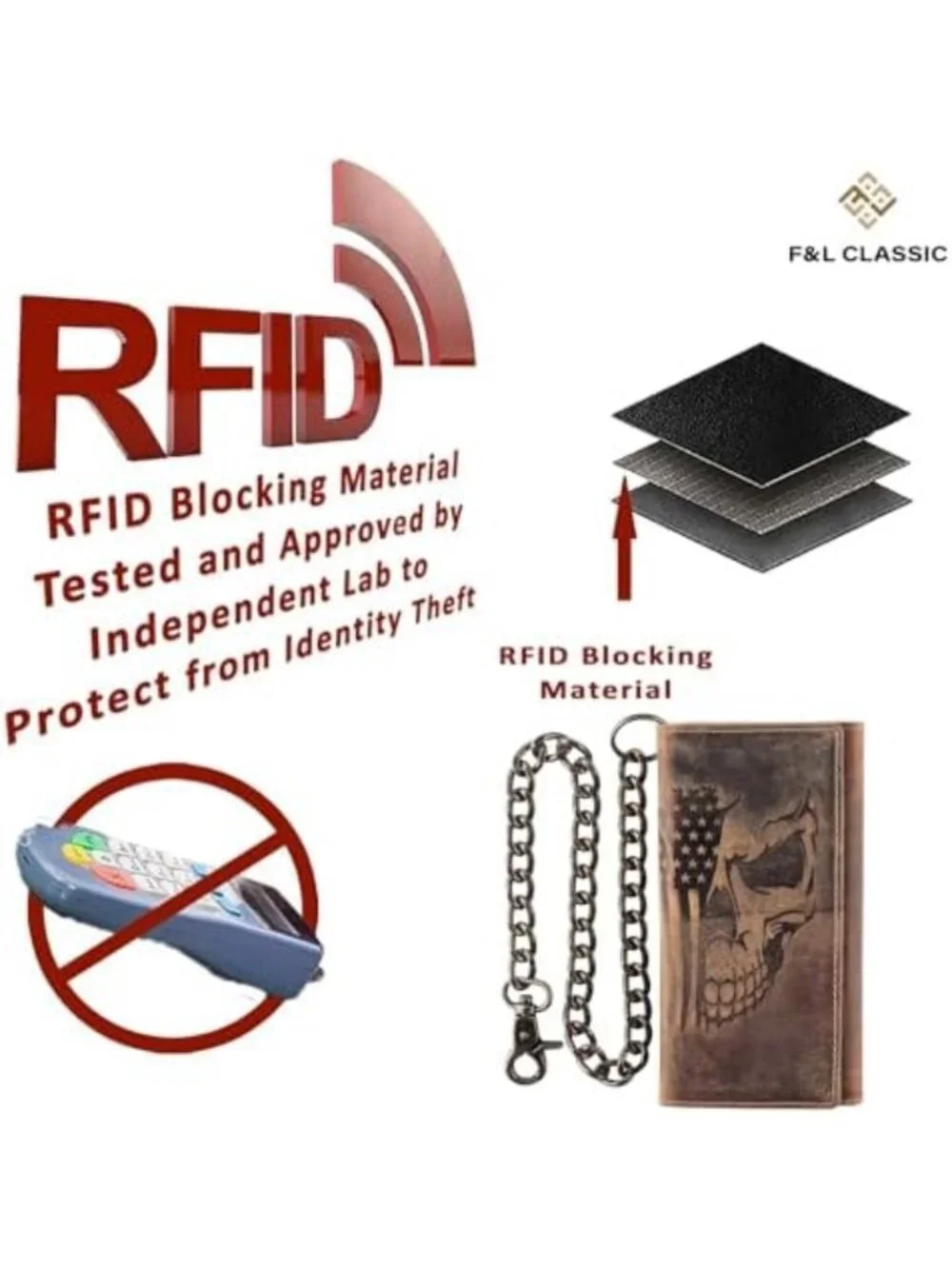 Classic RFID Blocking Men's Tri-Fold Leather Wallet with Steel Chain, Brown